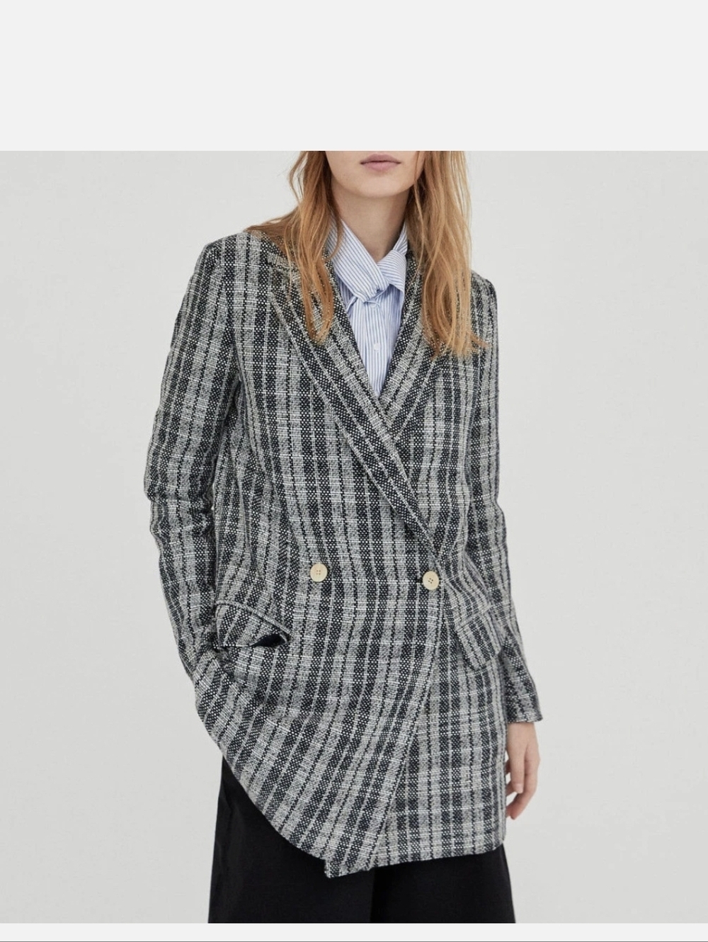 Zara Basic Double Breasted Black & White Plaid Tweed Long Blazer